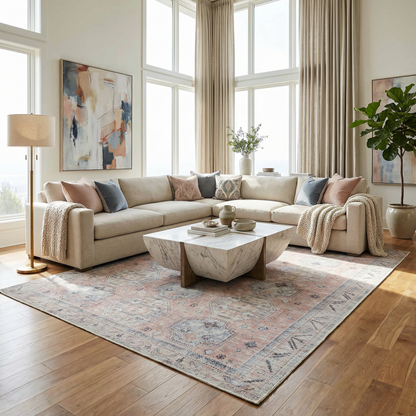 Morcott Peach Washable Area Rug by Boutique Rugs peach blue abstract pattern under a cream sofa on Tampa Home & Garden Store