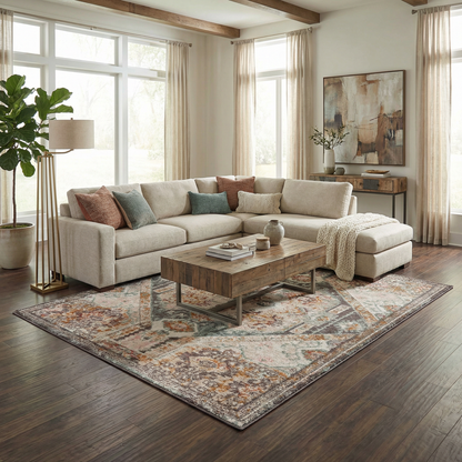 Woorabinda Area Rug multicolor abstract pattern in living room by Boutique Rugs clearance on Tampa Home & Garden Store