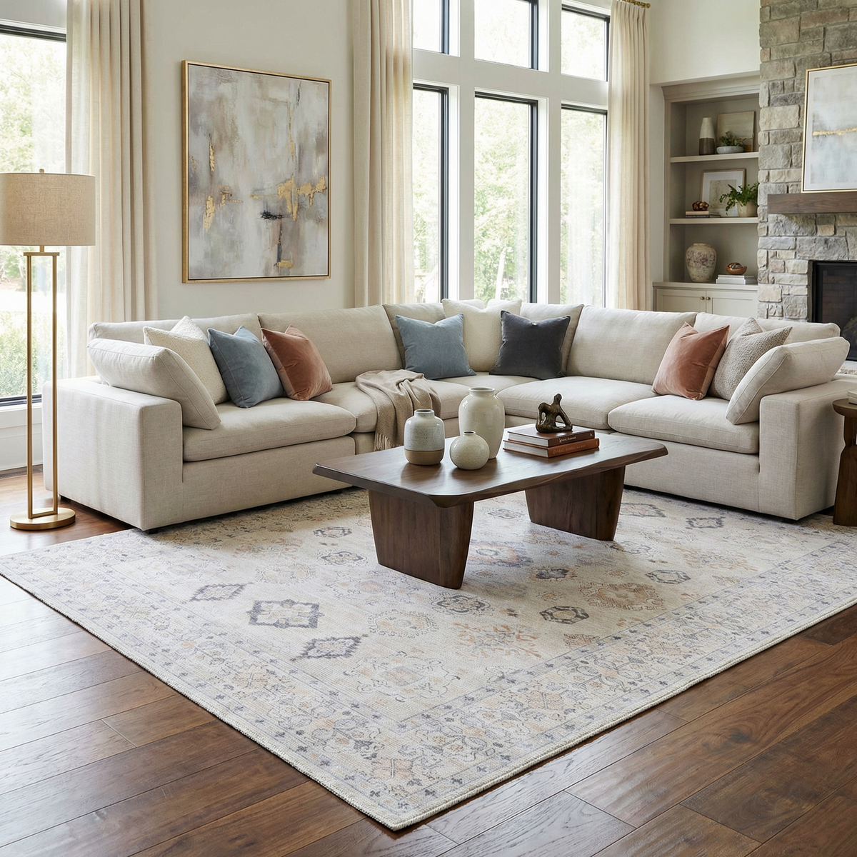 Beige Beckett Washable Rug from Boutique Rugs in beige with subtle blue-gray motifs on Tampa Home & Garden Store