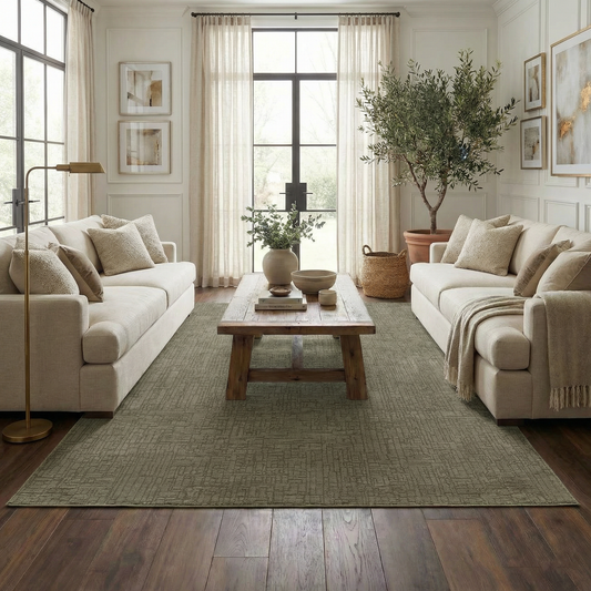 Leanna Green Washable Area Rug in green gray tones complements seating in a living area on Tampa Home & Garden Store