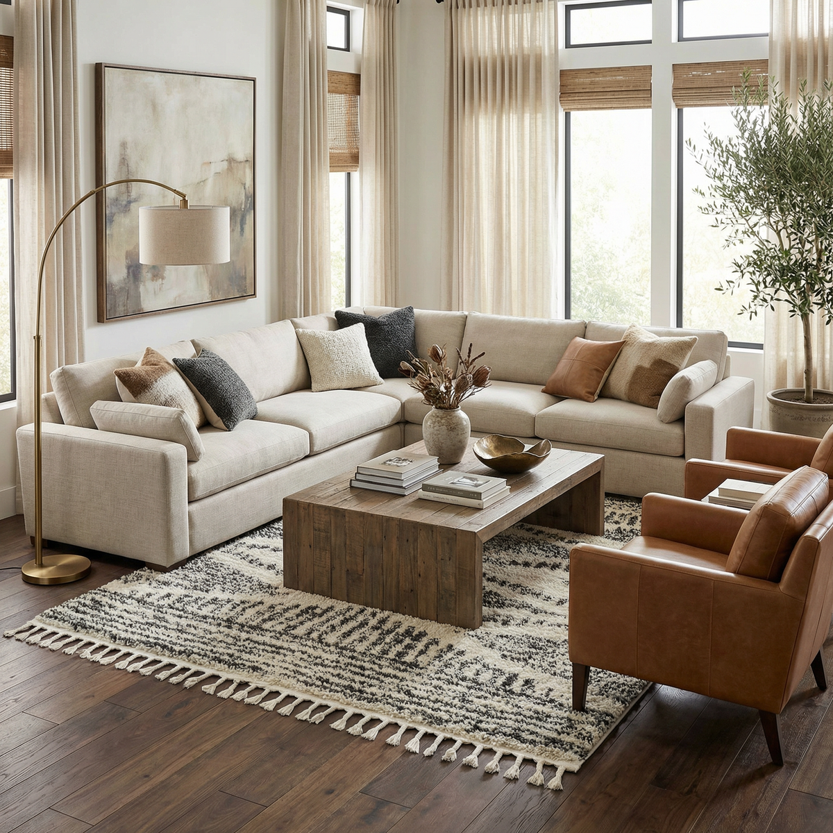 Fishhook Berber Shag Rug by Boutique Rugs, cream and black fishhook pattern in living room on Tampa Home & Garden Store