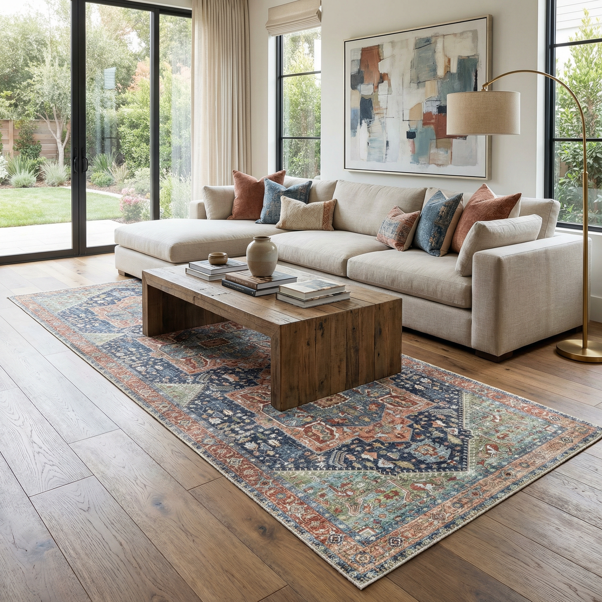 Exira washable area rug with multi-color traditional pattern in a bright living room on Tampa Home & Garden Store