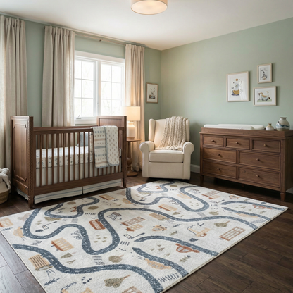 Mave Roads Washable Rug for Kids, cream base with blue road design, Boutique Rugs on Tampa Home & Garden Store