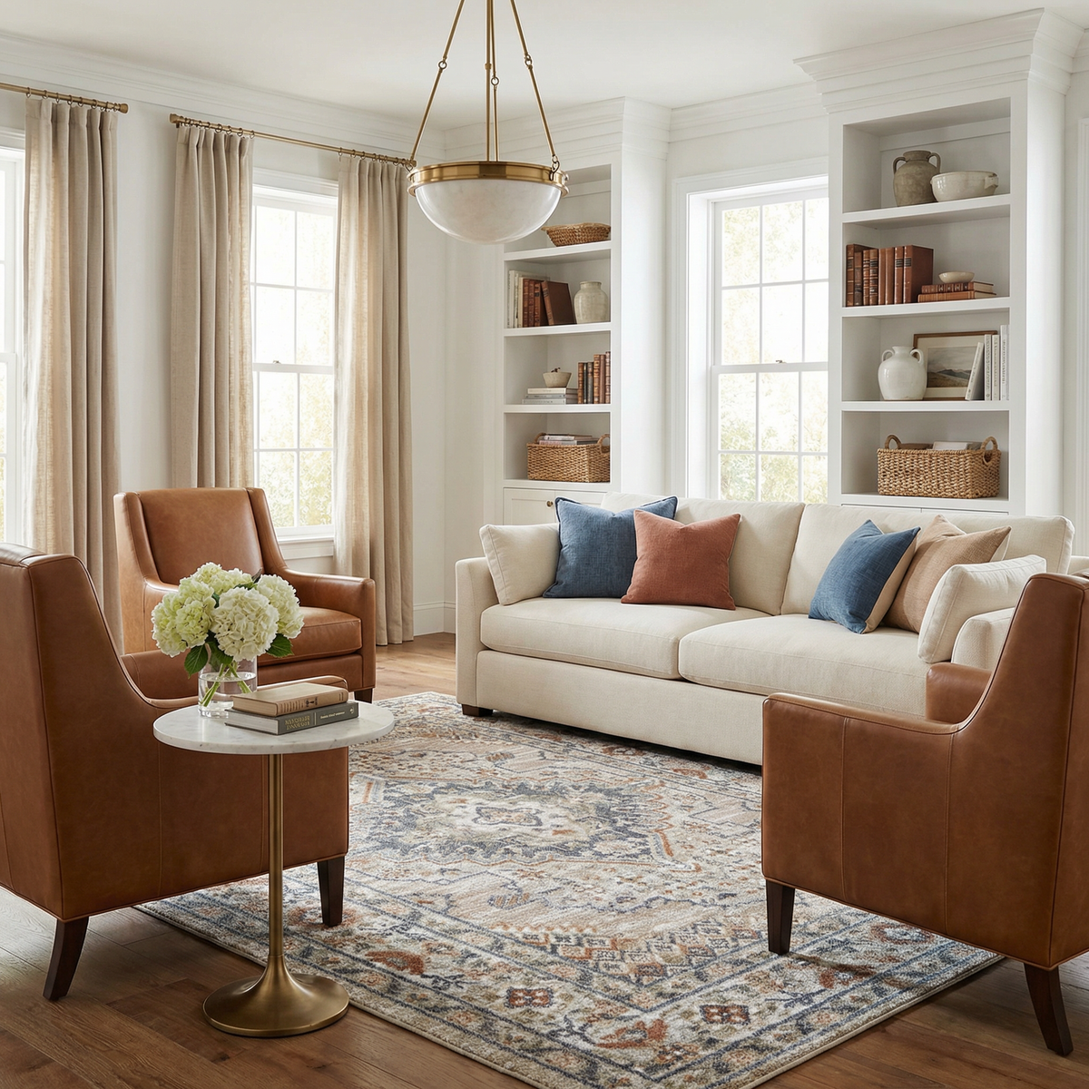 Erez Flat Pile Washable Rug by Boutique Rugs, blue and ivory geometric pattern in living room on Tampa Home & Garden Store