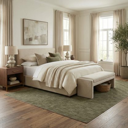 Kazuma Green Washable Area Rug by Boutique Rugs, olive green textured woven rug in bedroom on Tampa Home & Garden Store