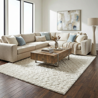 Eivin Cream Diamonds Plush Rug by Boutique Rugs in cream shag, in a modern living room on Tampa Home & Garden Store
