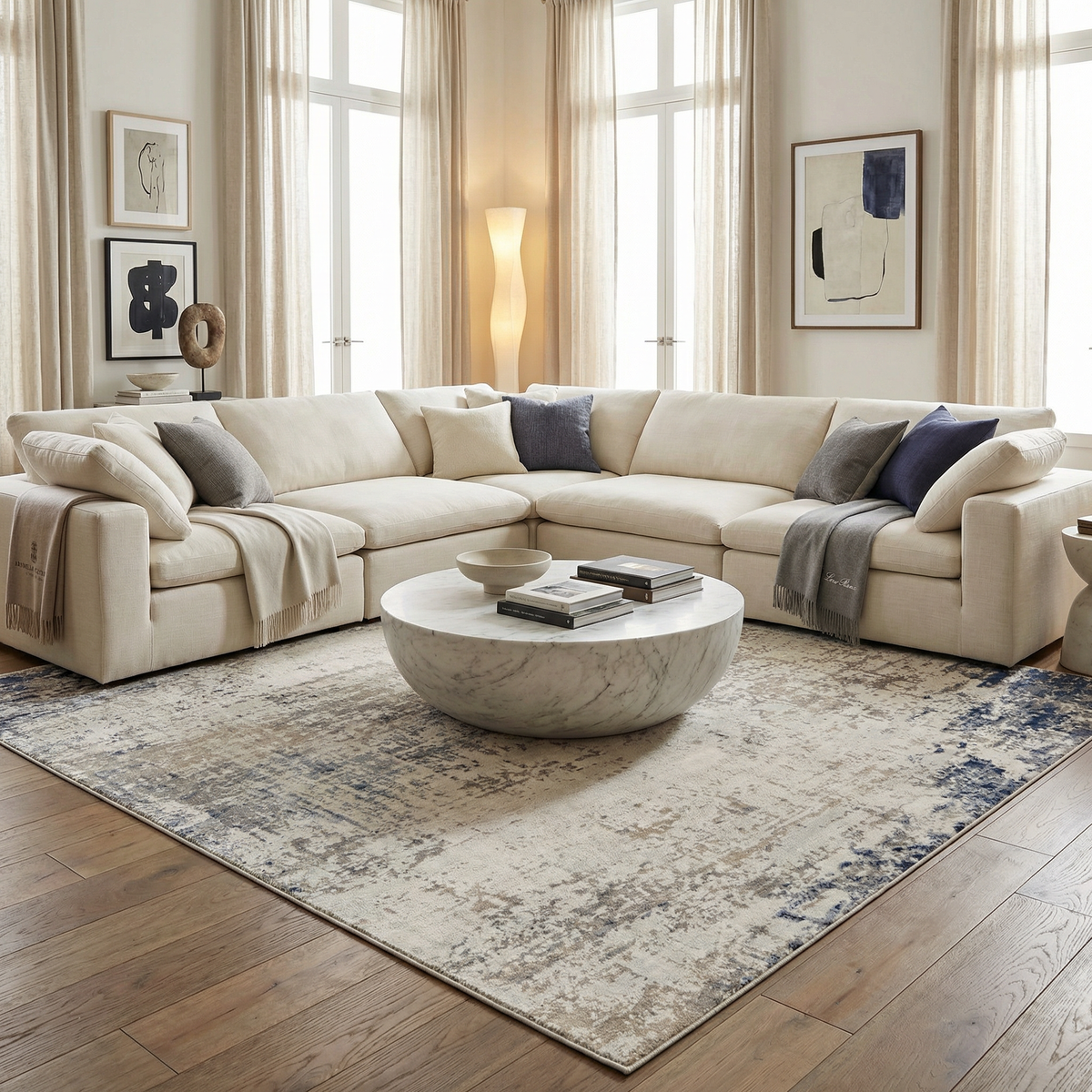 Alcove Abstract Rug Boutique Rugs beige with blue accents under cream sectional in a living room on Tampa Home & Garden Store