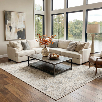 Parkerfield Area Rug in neutral gray-beige with distressed pattern under coffee table on Tampa Home & Garden Store