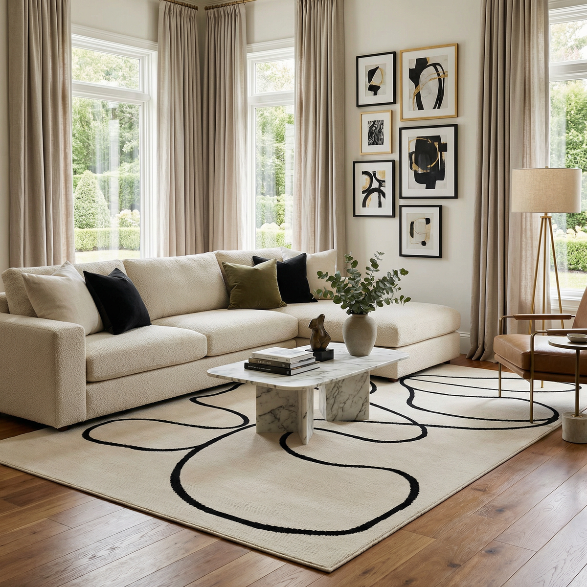 Eilir Modern Low Profile Boho Rug by Boutique Rugs, cream with black abstract loop pattern on Tampa Home & Garden Store