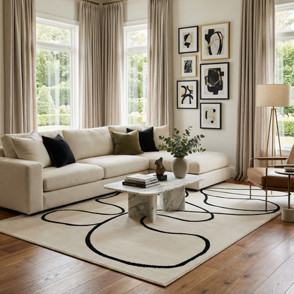 Eilir Modern Low Profile Boho Rug by Boutique Rugs, cream with black abstract loop pattern on Tampa Home & Garden Store