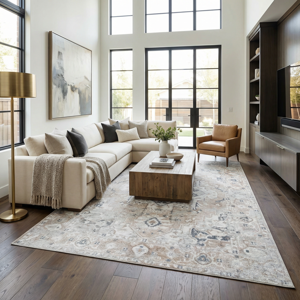 Dobry Boutique Washable Rug in neutral beige with blue-gray motifs in living room on Tampa Home & Garden Store