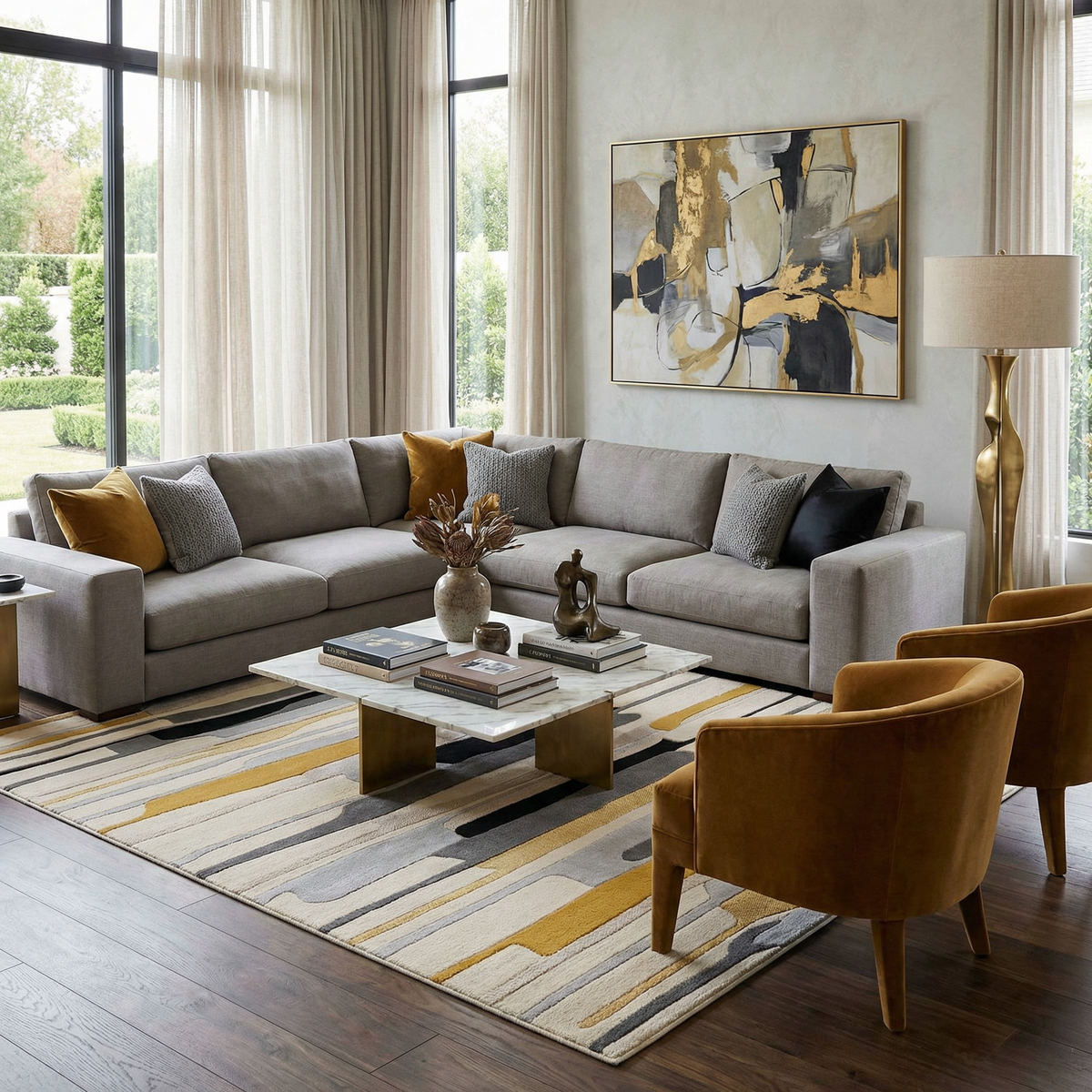 Southfields Mustard Modern Rug by Boutique Rugs with abstract mustard and gray stripes on Tampa Home & Garden Store