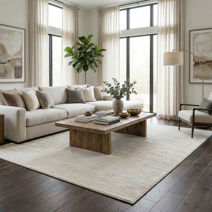 Kazuma Cream Checkered Washable Area Rug in a bright living room with beige sofa on Tampa Home & Garden Store