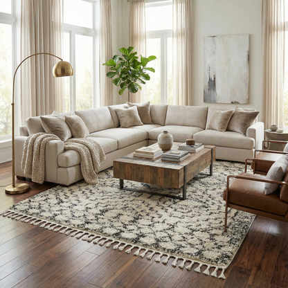 Buan Area Rug by Boutique Rugs in black ivory pattern with tassel fringe in living room on Tampa Home & Garden Store