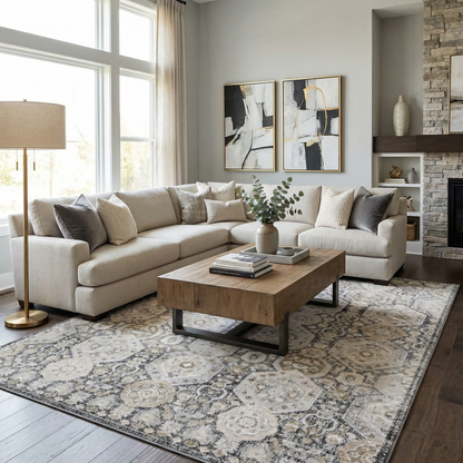 Minoa Area Rug, beige-gray palette with abstract vintage pattern for living room decor on Tampa Home & Garden Store