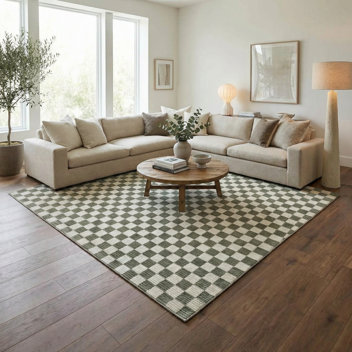 Kaysar olive green checkered washable area rug in a bright living room with beige sofa and greenery on Tampa Home & Garden Store