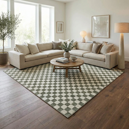 Kaysar olive green checkered washable area rug in a bright living room with beige sofa and greenery on Tampa Home & Garden Store