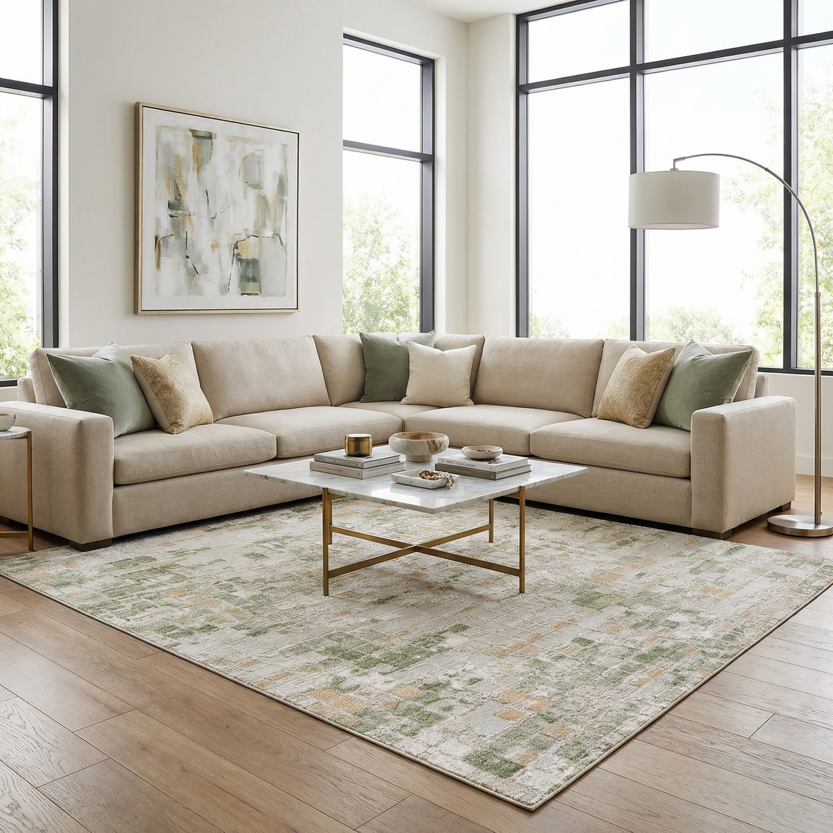 Liveri Green Mosaic Rug by Boutique Rugs, green beige mosaic pattern in a living room on Tampa Home & Garden Store
