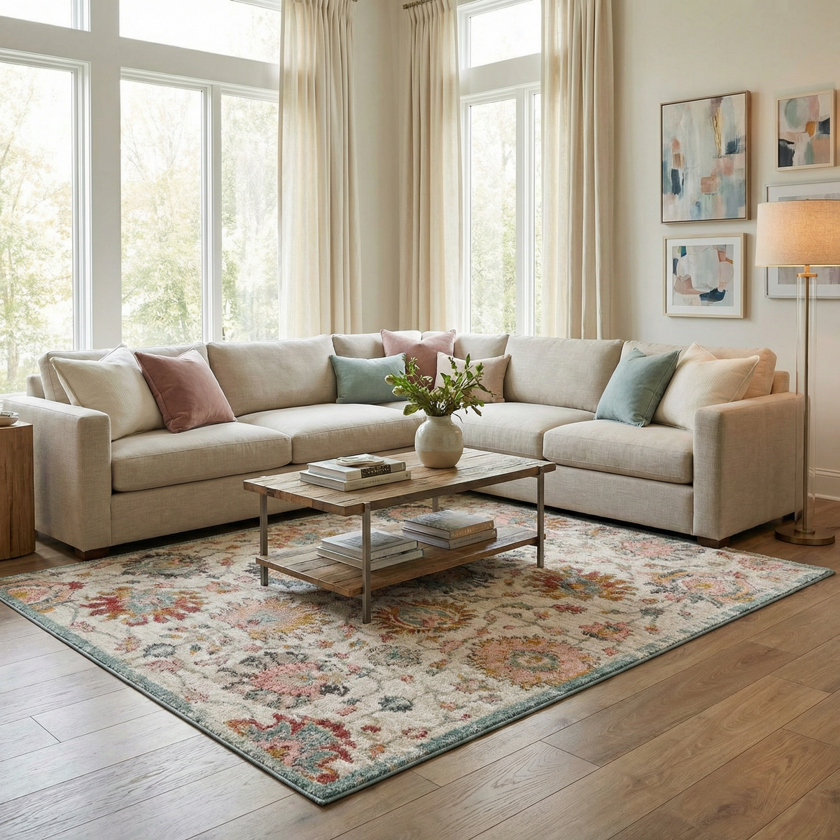 Twilight Floral Area Rug Boutique Rugs, multicolor floral pattern on cream background on Tampa Home & Garden Store