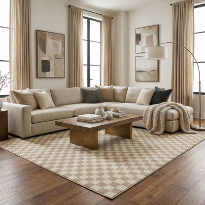 Benjy Irregular Checkboard Rug cream & gold by Boutique Rugs in a neutral living room on Tampa Home & Garden Store