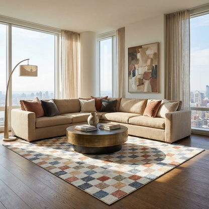 Alie Colorful Checkered Washable Rug with a vivid multi-color checkered pattern in a modern living room on Tampa Home & Garden Store