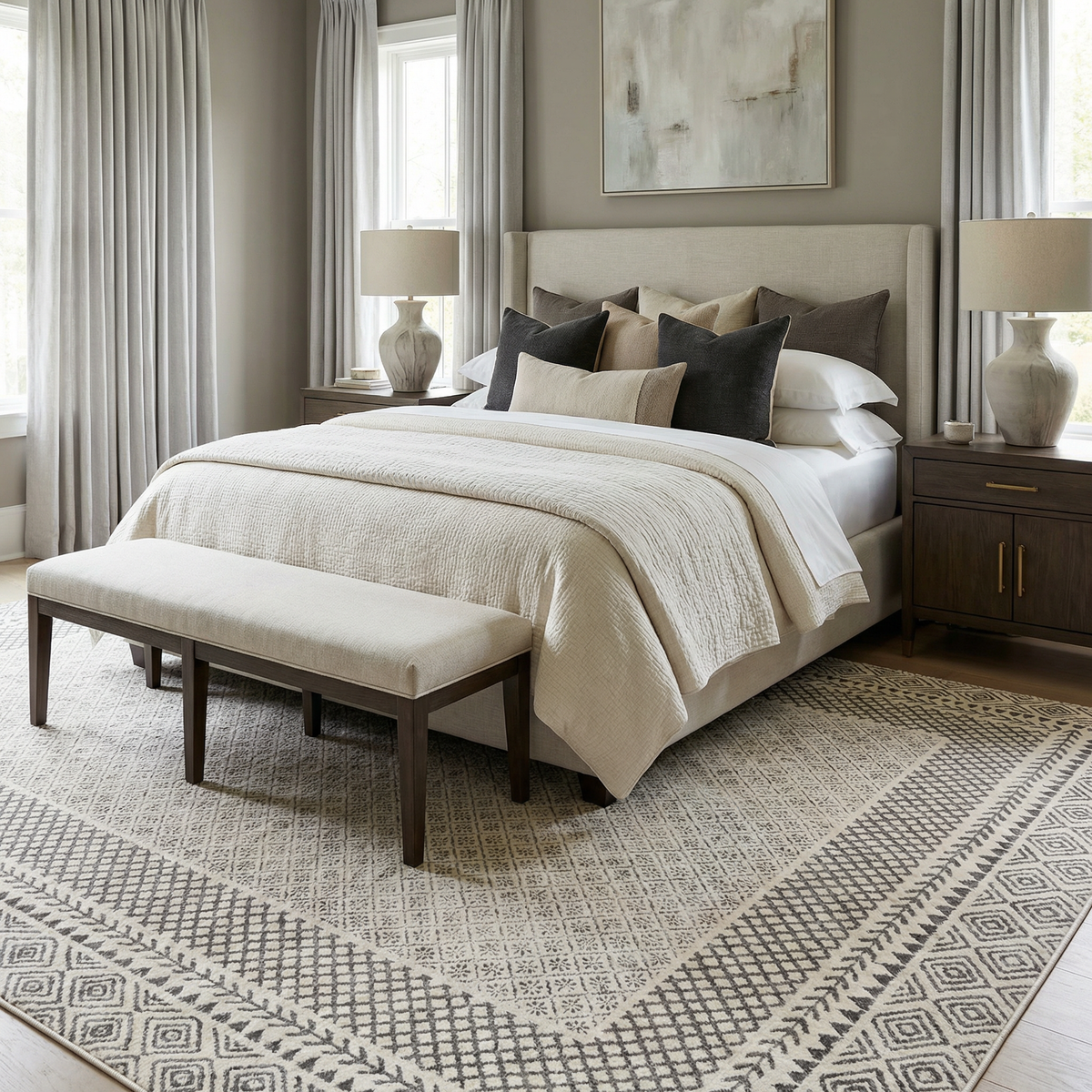 Burdette Soft Neutral Rug with geometric diamond pattern in beige gray by Boutique Rugs on Tampa Home & Garden Store