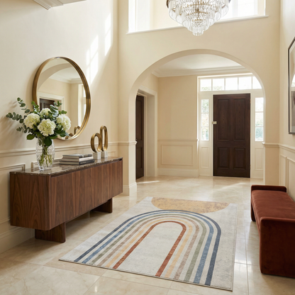 Giza washable area rug by Boutique Rugs multicolor curved stripe runner blues greens browns on Tampa Home & Garden Store