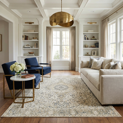 Cara Flat Pile Washable Rug beige cream with blue-gray ornate pattern Boutique Rugs flat pile on Tampa Home & Garden Store