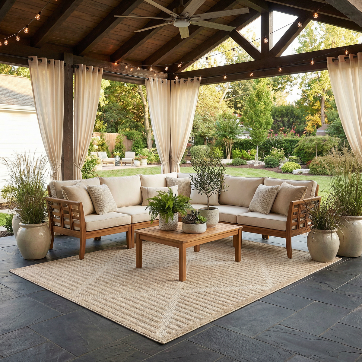 Anah Tan Outdoor Rug by Boutique Rugs in tan under a wood pergola with cream seating on Tampa Home & Garden Store
