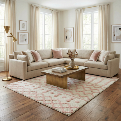 Darva Pink Plush Area Carpet by Boutique Rugs soft pink plush rug in a neutral living room on Tampa Home & Garden Store