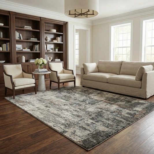 Opunake Luxe Thick Area Rug in neutral gray-cream with distressed pattern Boutique Rugs on Tampa Home & Garden Store