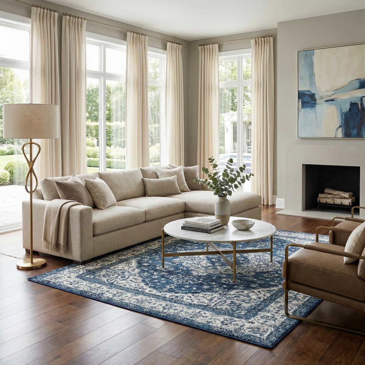 Billy Area Rug navy blue ivory distressed pattern Boutique Rugs in living room on Tampa Home & Garden Store