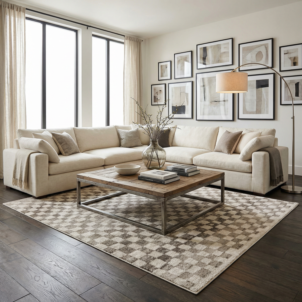 Benjy irregular checkboard beige rug by Boutique Rugs adds warm grounding to living room on Tampa Home & Garden Store