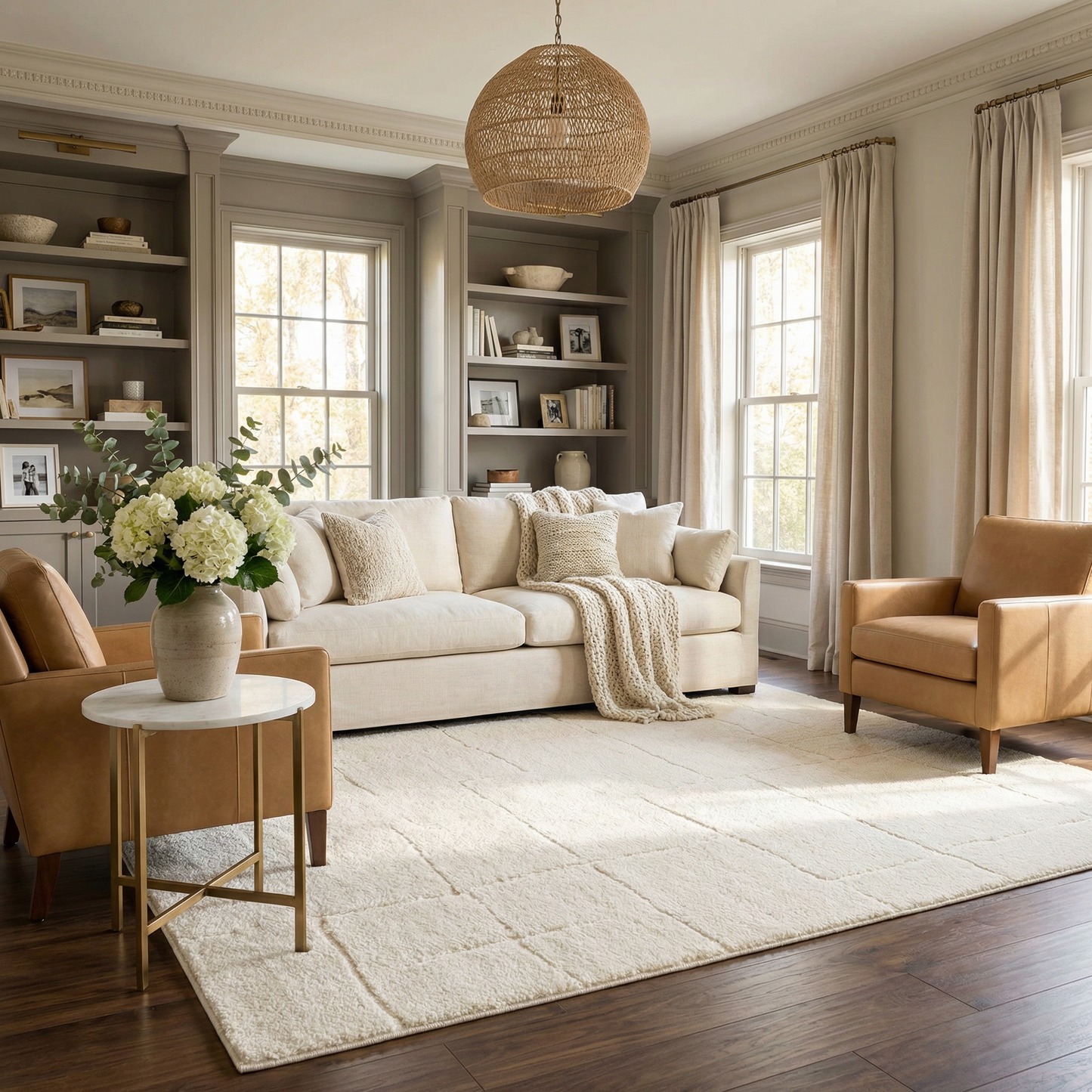 Koume Ivory Area Rug by Boutique Rugs ivory tones in a sunlit living room with cream sofa on Tampa Home & Garden Store