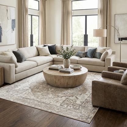 Hera Flat Pile Washable Rug, beige neutral tone in a modern living room Boutique Rugs on Tampa Home & Garden Store