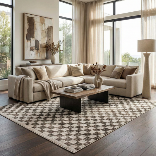 Benjy Cream & Charcoal Checkered Area Rug by Boutique Rugs, cream charcoal in living room on Tampa Home & Garden Store