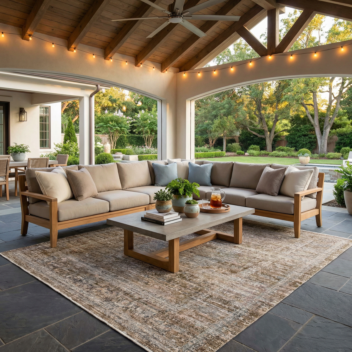Aistys washable outdoor area rug in brown tones under beige sectional on covered patio on Tampa Home & Garden Store
