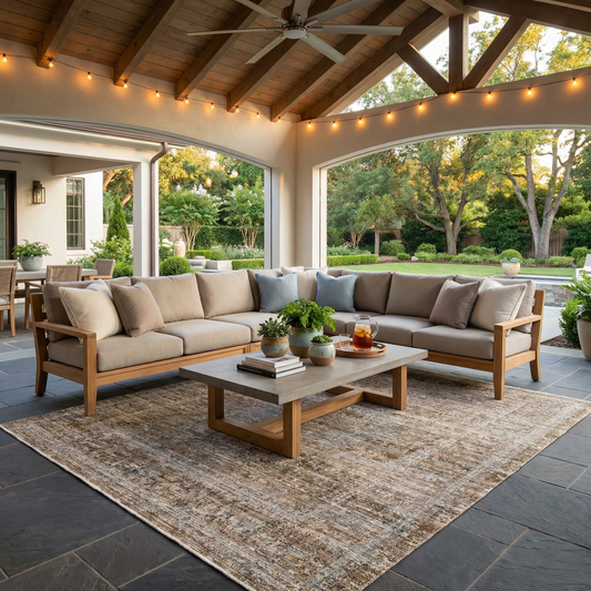 Aistys washable outdoor area rug in brown tones under beige sectional on covered patio on Tampa Home & Garden Store