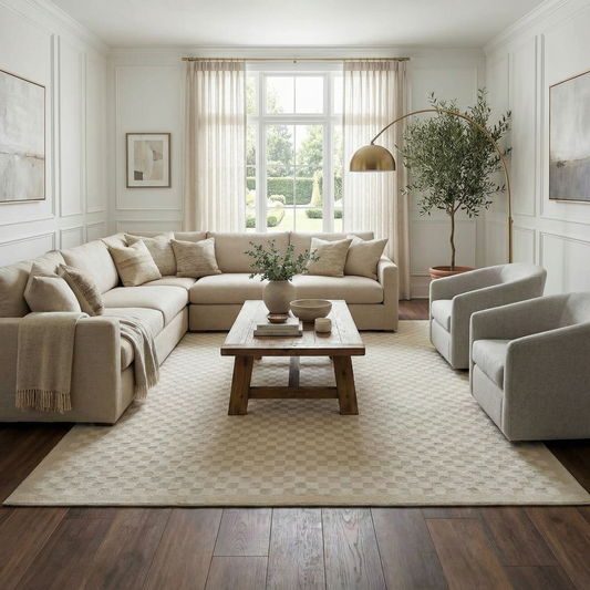 Gaiwan Cream Washable Area Rug with subtle checkered pattern Boutique Rugs on Tampa Home & Garden Store