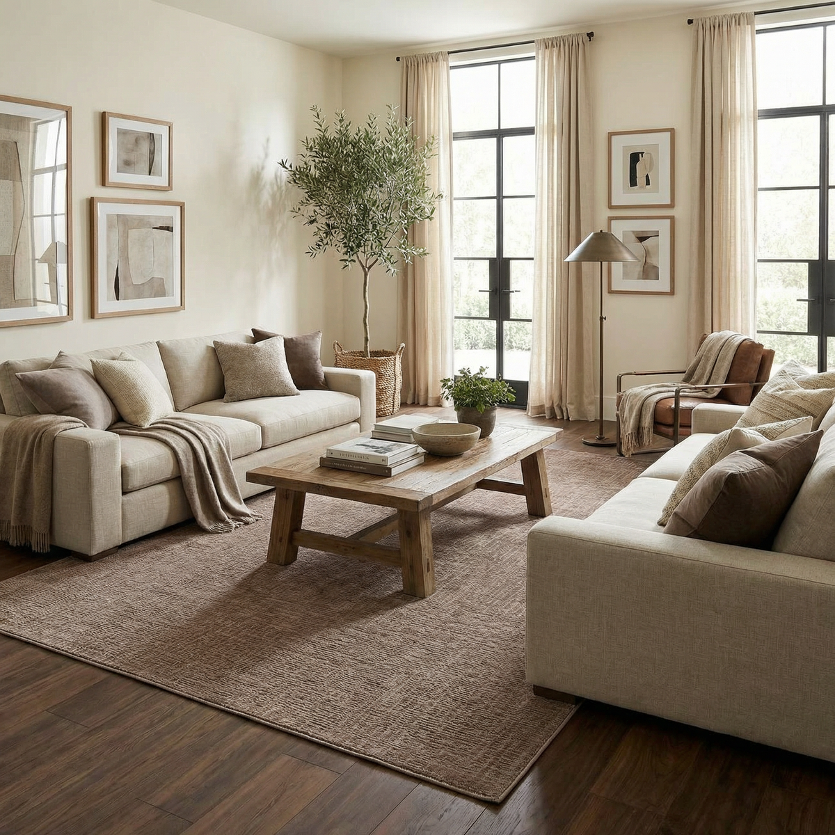 Leanna Light Brown Washable Area Rug beige woven texture under coffee table in a living room on Tampa Home & Garden Store