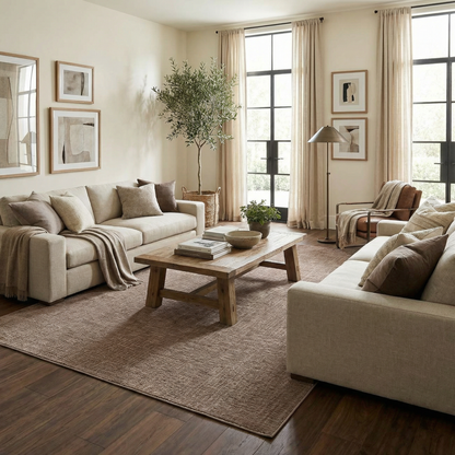 Leanna Light Brown Washable Area Rug beige woven texture under coffee table in a living room on Tampa Home & Garden Store
