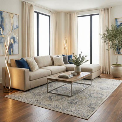 Parkerfield Cream & Blue Area Rug by Boutique Rugs; cream field with blue accents and border on Tampa Home & Garden Store
