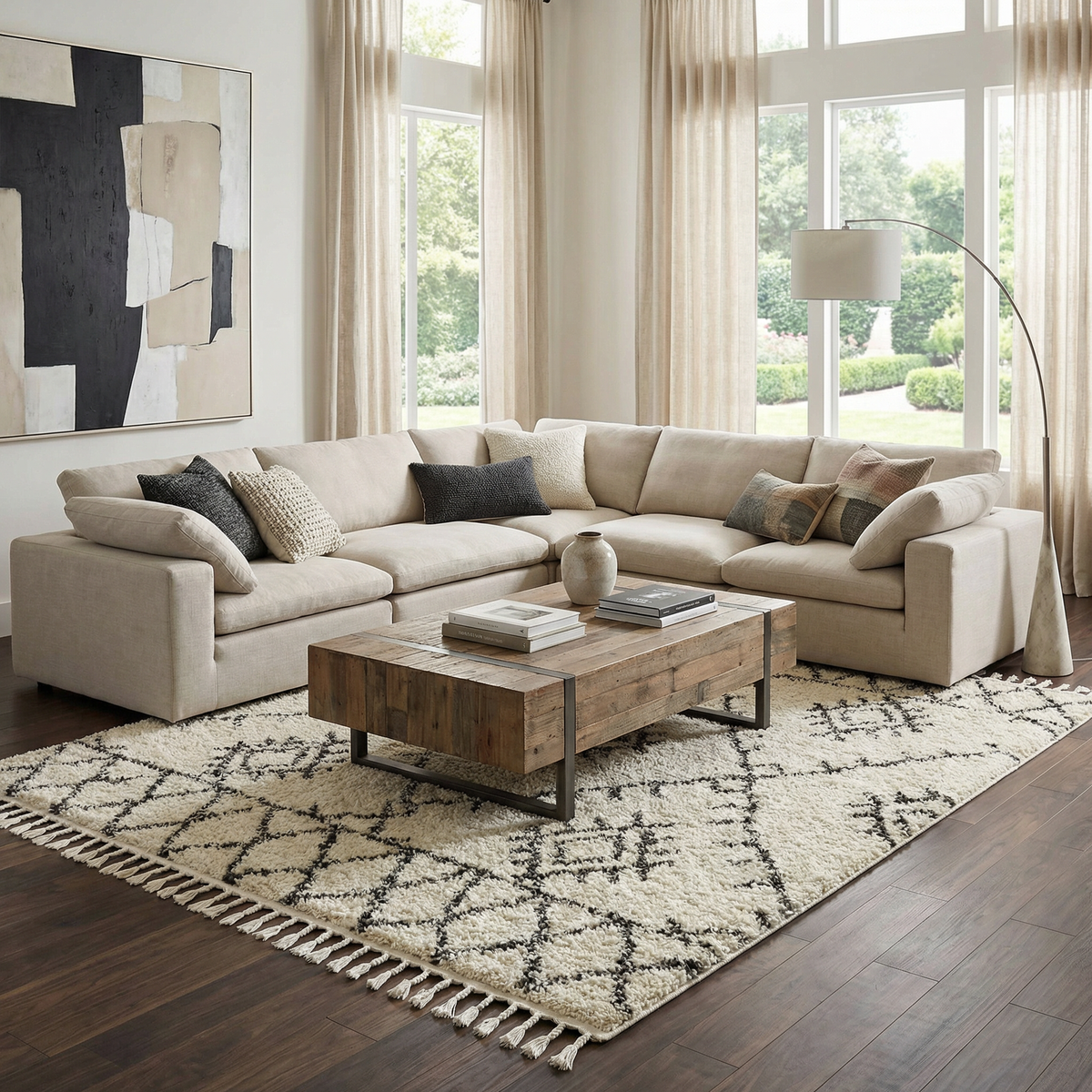 Rug Emlenton Berber Shag Tassels beige, black trellis pattern tassel edges Boutique Rugs on Tampa Home & Garden Store