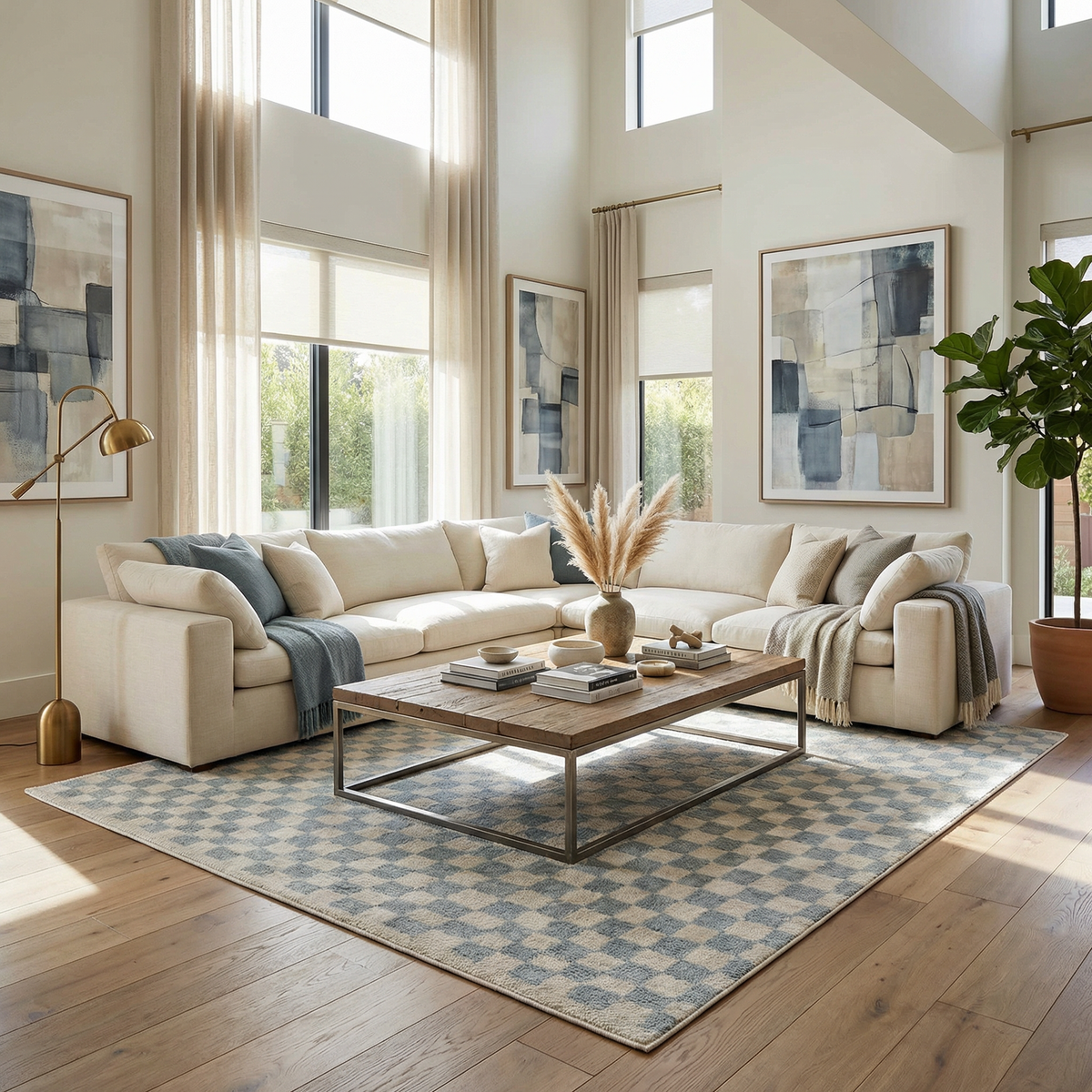 Benjy Cream & Light Blue Checkered Area Rug by Boutique Rugs under a modern coffee table in a bright living room on Tampa Home & Garden Store
