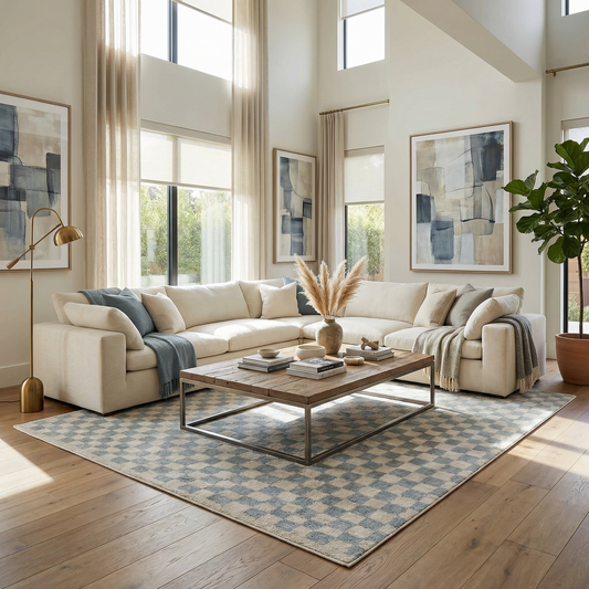Benjy Cream & Light Blue Checkered Area Rug by Boutique Rugs under a modern coffee table in a bright living room on Tampa Home & Garden Store
