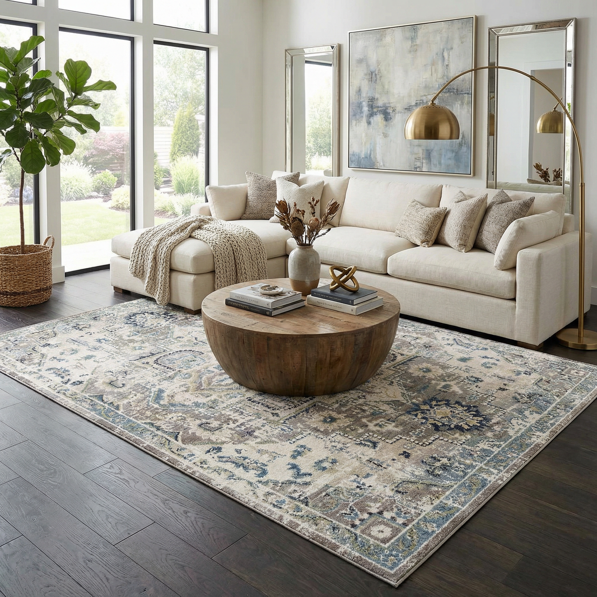 Cabacungan Gray & Blue Washable Area Rug by Boutique Rugs in a modern living room on Tampa Home & Garden Store