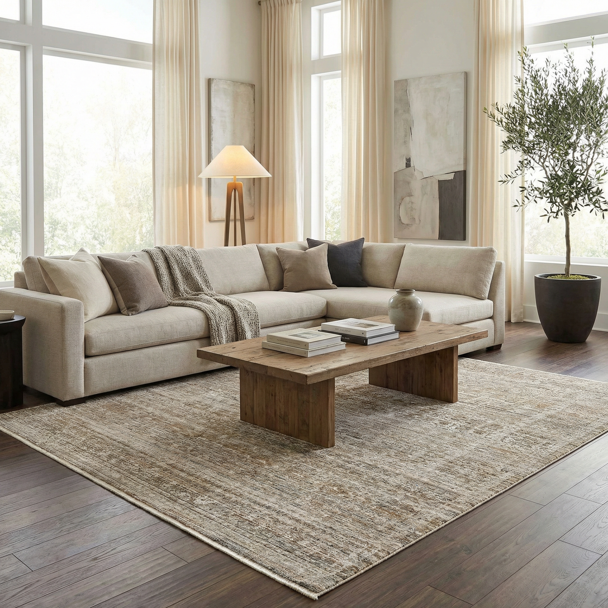 Uzuri Washable Outdoor Area Rug beige neutral pattern Boutique Rugs in sunlit living room on Tampa Home & Garden Store