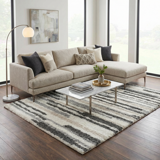 Zoya Irregular Striped Area Rug Boutique Rugs cream beige gray shag texture on Tampa Home & Garden Store
