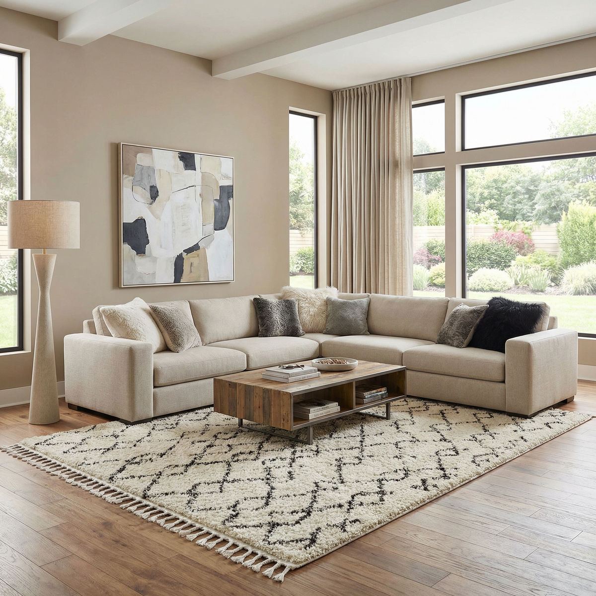 Pahala Moroccan Shag Area Rug in cream with black geometric pattern fringed by Boutique Rugs on Tampa Home & Garden Store