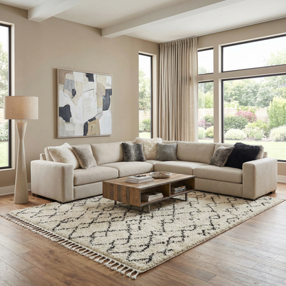 Pahala Moroccan Shag Area Rug in cream with black geometric pattern fringed by Boutique Rugs on Tampa Home & Garden Store